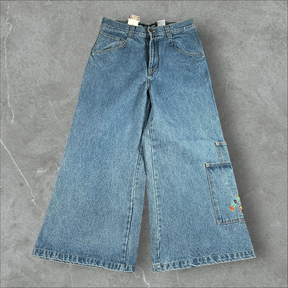NWT Sarali Jeans Mens 34x29 Blue Y2K Baggy Wide Leg Rave Embroidered Skater Jnco